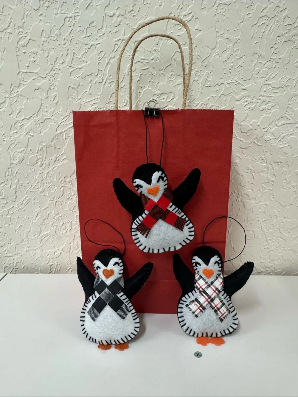 Christmas Ornaments Penguin Handmade felt black white red use as gift bag decor